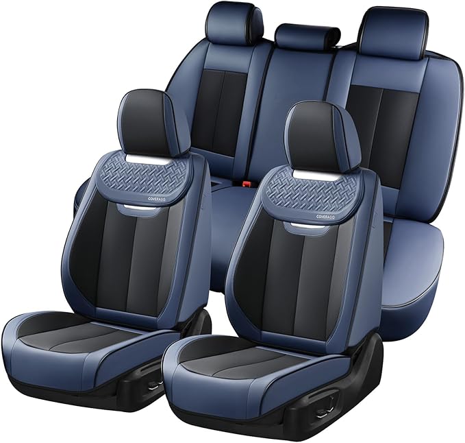 Coverado Front and Back Seat Covers for Cars, Nappa Leather Car Seat Covers Full Set, Waterproof Carseat Protector Seat Cushion, Luxury Automotive Seat Covers Universal Fit for Most Cars(Blue&Black)