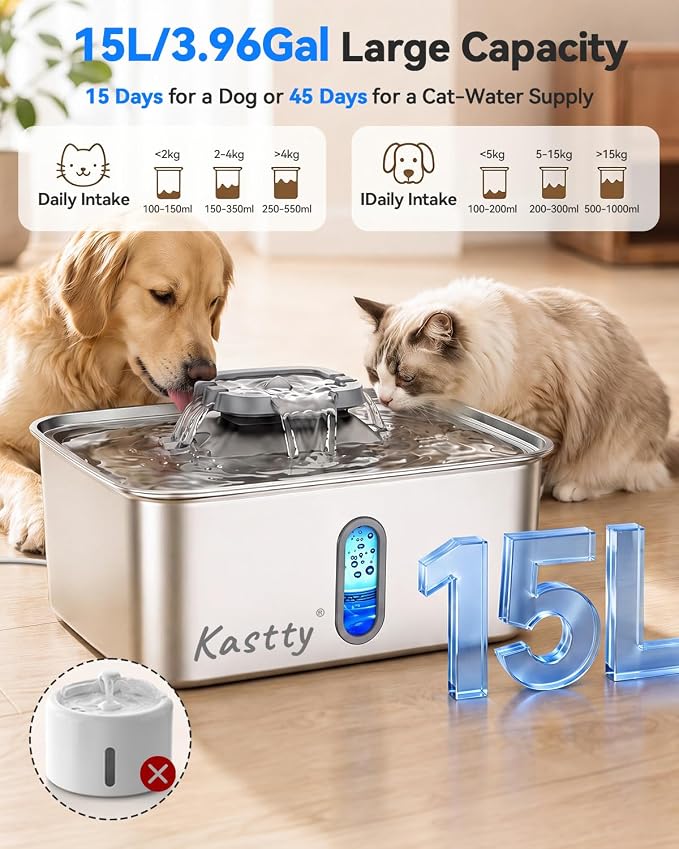 Kastty 4Gal/15L Dog Water Fountain, Large Capacity Stainless Steel Pet Water Fountain with Water Level LED Light, Ultra Quiet Dog Water Bowl Dispenser for Large Multi-Pet, Easy to Clean (FS78,Grey)