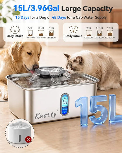 Kastty 4Gal/15L Dog Water Fountain, Large Capacity Stainless Steel Pet Water Fountain with Water Level LED Light, Ultra Quiet Dog Water Bowl Dispenser for Large Multi-Pet, Easy to Clean (FS78,Grey)