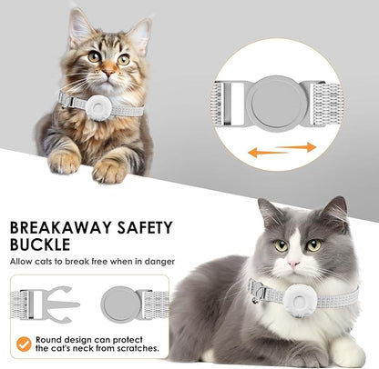 Smart Cat GPS Tracker, Cat Tracker Collar with Safety Elastic Buckle, Compatible with Apple Find My App (Only iOS), No Monthly Fee, Waterproof (White Tracker, White Cat Collar)
