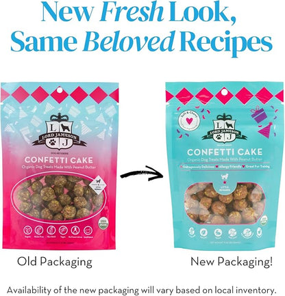 Lord Jameson Confetti Cake Soft & Chewy Certified Organic Dog Treats for Small Breeds - Peanut Butter & Coconut - Small Bite, No-Bake Recipe, Gluten-Free, Preservative-Free - Made In USA - 3 oz