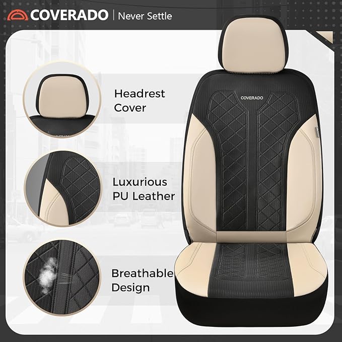 Coverado Seat Covers Full Set, Beige Car Seat Covers, PU Leather & Breathable Mesh Seat Protectors, 5-Piece Automotive Seat Covers, Universal Fit for SUVs, Trucks, Sedans