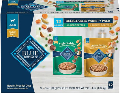 Blue Buffalo Delectables Natural Wet Dog Food Topper Variety Pack, Lamb & Turkey Dinner 3oz (12 Pack - 6 of Each Flavor)