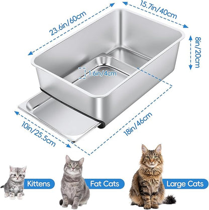 Stainless Steel Litter Box with Pull-Out Pan, 23.6" L x 15.7" Drawer Type Semi-Enclosed Cat Litter Box with Litter Scoop for Big Cat Easy Cleaning