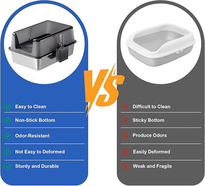 Non-Stick Stainless Steel Litter Box, Side Opening Splash-Proof & Leak-Proof Large Metal Cat Litter Box with Lid & Scoop, Easy-Clean & Durable, 6'' Deep Black