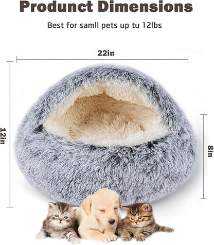 Cat Bed for Indoor Cats, Calming Cozy Cave with Self-Warming Plush, Entire Bed Machine Washable & Anti-Slip Base, Breathable Pet Bed for Small Cats&Dogs All Seasons (Grey, 22 * 22inch)