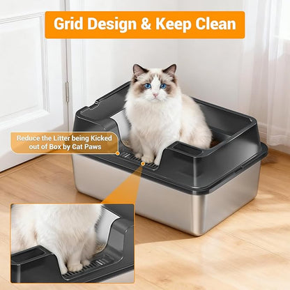Enclosed Stainless Steel Cat Litter Box with Lid Extra Large Litter Box for Big Cats XL Metal Litter Pan Tray with High Wall Sides Enclosure, Non-Sticky, Anti-Leakage, Easy Cleaning