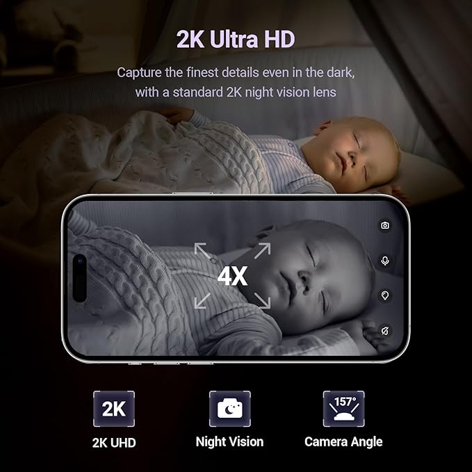 Baby Camera Monitor for AI Solution for Breathing Tracker, 2K HD Baby Monitor with Camera with Audio Video, Night Vision, Smartphone App, 2-Way Audio, Soothing Sound, No Monthly Fee Crib Mount