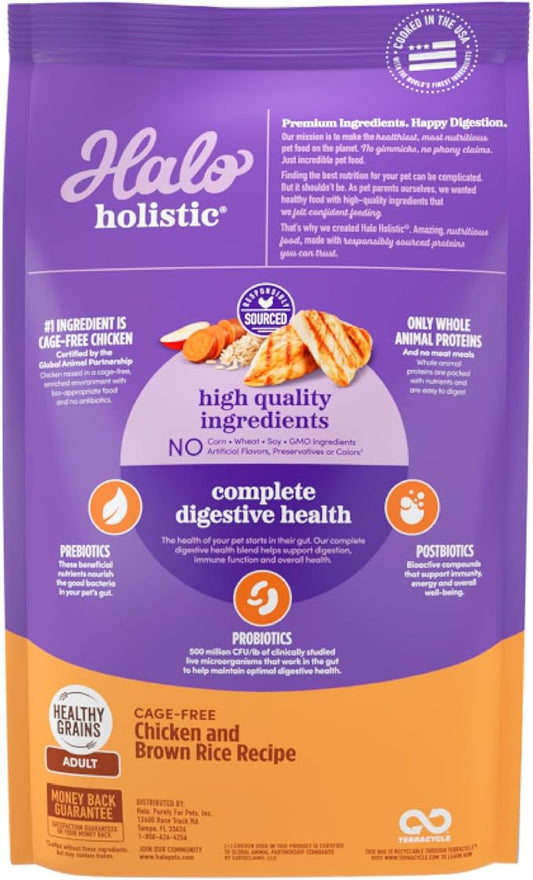 Halo Holistic Dog Food Cage Free Chicken & Brown Rice Formula, Healthy Grains Dry Dog Food, Complete Digestive Health, Kibble for Adult Dogs, 21 lb Bag