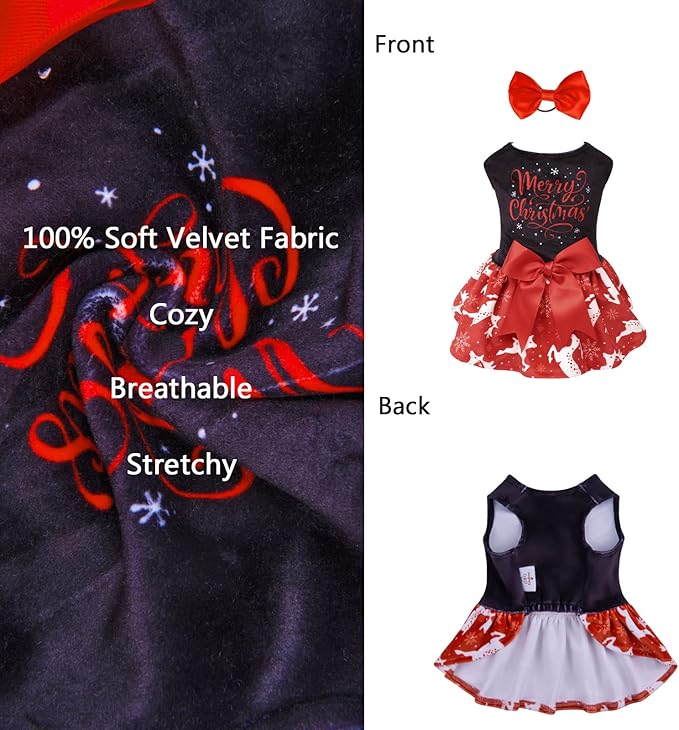 CuteBone Merry Christmas Dog Dress Velvet for Small Dogs Girl Reindeer Puppy Dresses Red Dog Clothes CVA04M-D