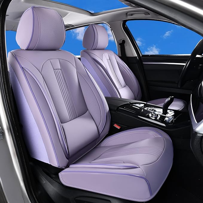 Huidasource Purple Front Seat Cover, Front Car Seat Cover Nappa Leather with Lumbar Support, Side Elastic Fabric, Airbag, Ventilation ＆ Heating, Universal Fit for Most Vans Cars SUV Trucks, Purple