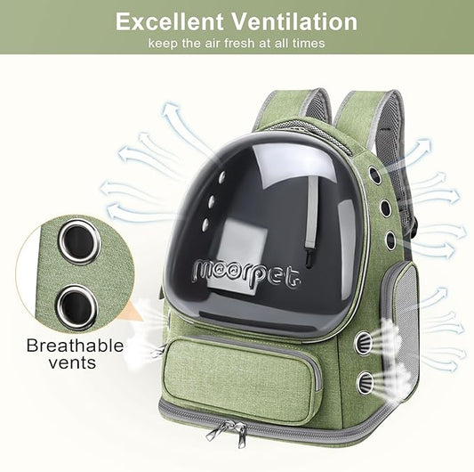 Cat Backpack Carrier, Breathable Cat Carrier Large Space Bubble Pet Backpack for Kitty Small Dog up to 20lbs, Transparent & Foldable Pet Carrier for Travel Hiking, Green