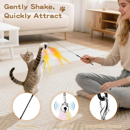 Pawaboo Feather Teaser Cat Toy, Interactive Feather Wands Cats Toy Flying Feathers Cat Catcher with Extra Long 34.5" Wand and Small Bell, Exerciser Playing Toys, 1 Wand + 10 Feathers, Multicolored