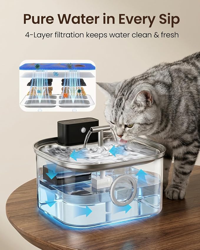 Cordless Cat Water Fountain Stainless Steel,3.2L/108oz Rechargeable | Wireless Battery Operation, Motion Sensor, Automatic Water Flow, Quiet Pump, Includes 4 Replacement Filters