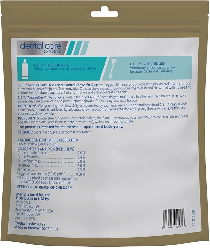 Virbac C.E.T.® VEGGIEDENT® Flex Tartar Control Chews for Dogs - Multifunctional to Support Joint Health, VOHC Approved - Large Dogs Over 66lbs