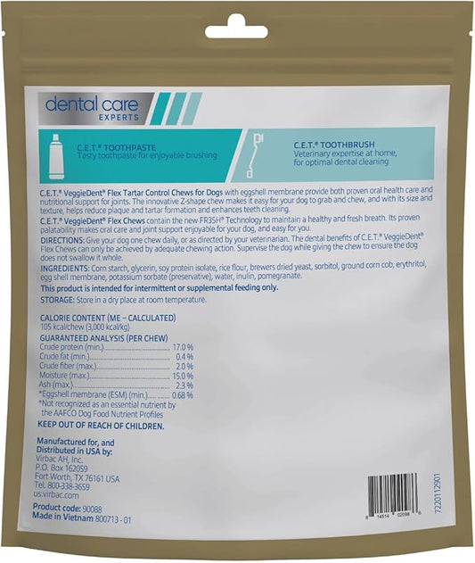Virbac C.E.T.® VEGGIEDENT® Flex Tartar Control Chews for Dogs - Multifunctional to Support Joint Health, VOHC Approved - Large Dogs Over 66lbs
