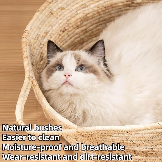 Rattan Cat Litter Pet Bed for Home Pet Supply Pet Sleeping Cat Beds Rattan Cat Dog Kitten Bed Basket Cooling Pet Nest Cat Supply Indoor Cat Cattail Grass to Weave (Corn Flakes,Small)