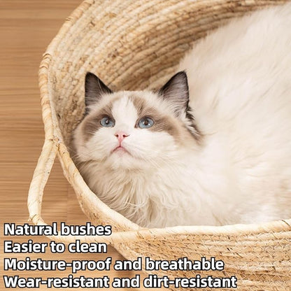 Rattan Cat Litter Pet Bed for Home Pet Supply Pet Sleeping Cat Beds Rattan Cat Dog Kitten Bed Basket Cooling Pet Nest Cat Supply Indoor Cat Cattail Grass to Weave (Cattail Split,Medium)