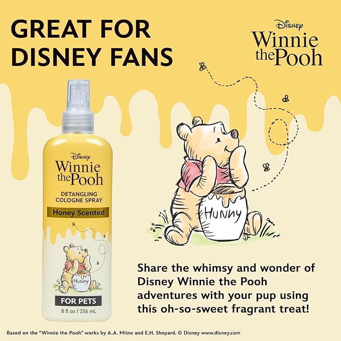 Disney Winnie the Pooh Detangling Cologne Spray for Dogs, Honey Scented Dog Fragrance with Conditioner, Gentle Care with Oatmeal, Baking Soda, Coconut Oil, 8oz