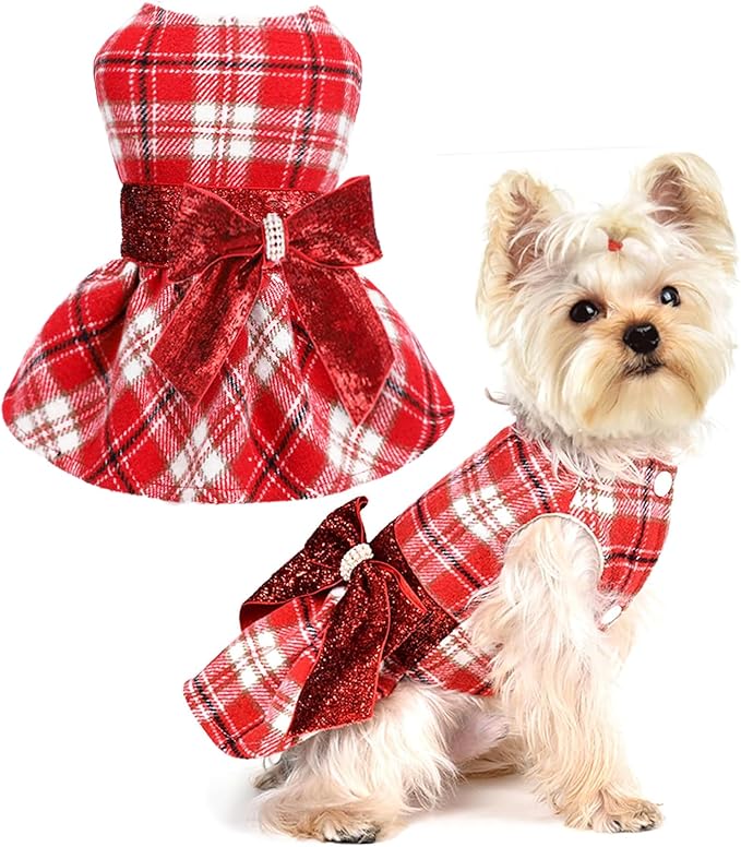 Yikeyo Dog Sweater Dress,Dog Dresses for Small Dogs Girl Fleece Lining Warm Winter Dress Sequins Bow Knot Plaid Clothes Pet Coats Cat and Puppy Holiday Outfit Costume XS, Red