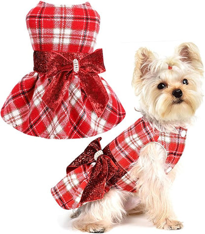 Yikeyo Dog Sweater Dress,Red Plaid Dog Dress Winter Clothes for Small Dogs Girl Fancy Sequin Puppy Fleece Lining Sweater Pet Coat Cat Apparel, XXS