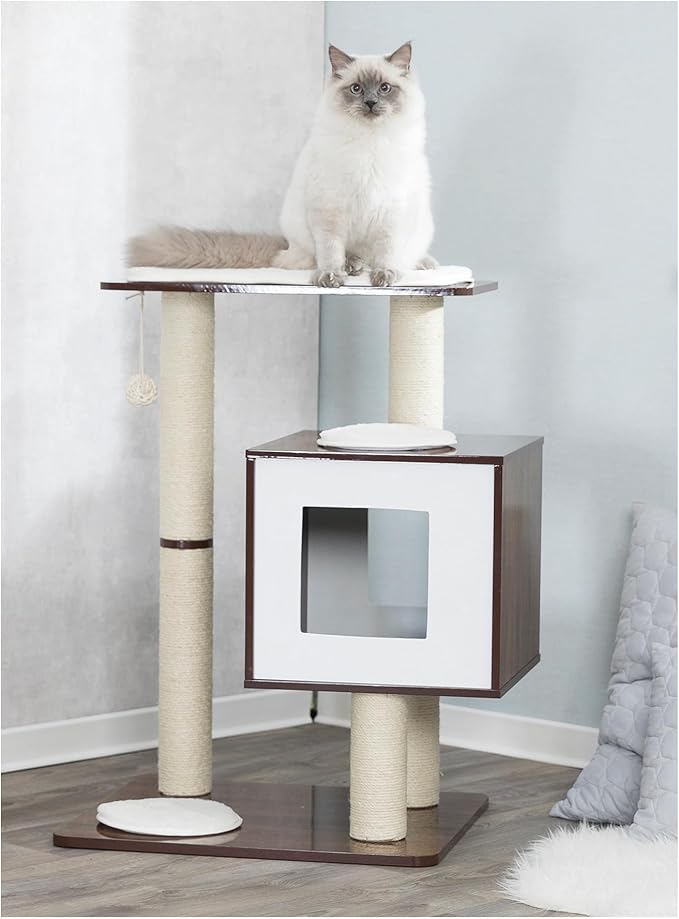 Trixie 31-in Inola Wooden Cat Tree, Jute Scratching Posts, Cat Condo with Cushion, Removable Cozy Pads, Dangling Cat Toy, Walnut