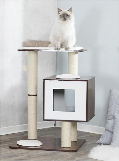 Trixie 31-in Inola Wooden Cat Tree, Jute Scratching Posts, Cat Condo with Cushion, Removable Cozy Pads, Dangling Cat Toy, Walnut