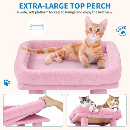 GarveeLife 61" Multi-Level Cat Tree for Indoor Cats, Heavy-Duty Tower for Large Adult & Maine Coon Cats with Oversized Perch, Dual Condos, Natural Sisal Scratching Posts & Play Toys – Pink