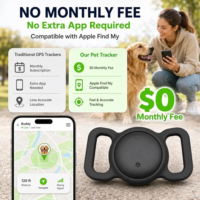 Dog Tracker, GPS Tracker for Dogs with Real-Time Location, No Monthly Fee, No SIM, IP68 Waterproof Ultra-Slim Lightweight with Holder, 500-Day Battery, Black, iOS Only