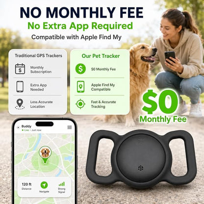 Dog Tracker, GPS Tracker for Dogs with Real-Time Location, No Monthly Fee, No SIM, IP68 Waterproof Ultra-Slim Lightweight with Holder, 500-Day Battery, Black, iOS Only
