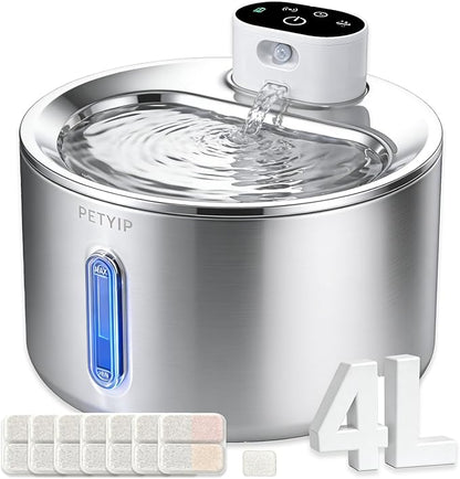 Cat Water Fountain Stainless Steel,135 Fl Oz/4L Wireless Automatic Cat Water Dispenser,5000mAh Battery Powered,for Cats & Dogs Indoor (Cat Fountain + 7 Set Filter)
