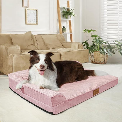 Orthopedic XL Dog Bed Large Sized Dog 42''X28'', Waterproof L Bolster Egg Crate Foam Big Pet Crate Beds with Washable Removable Cover, Non-Slip Soft Pet Couch Sleep Mat, Pink