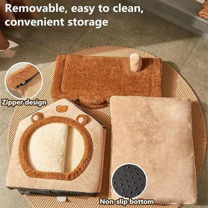 Cat Bed for Indoor Cats,Cozy Cat Cave Bed Cat House Cat Tent with Removable Cushion Pillow,Soft Warm Pet House Puppy Bed,Cute Bear Pet Nest for Cat Kitten Small Dogs (Brown, S-15.8x12.6x13.8 Inches)