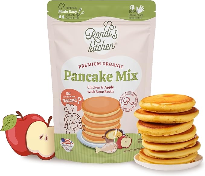 Rondi's Kitchen Organic Dog Pancake Mix - Natural Healthy Treat for All Dogs - Superfood Snack Made with Human-Grade Ingredients - Makes About 38 Pancakes - Chicken & Apple with Bone Broth