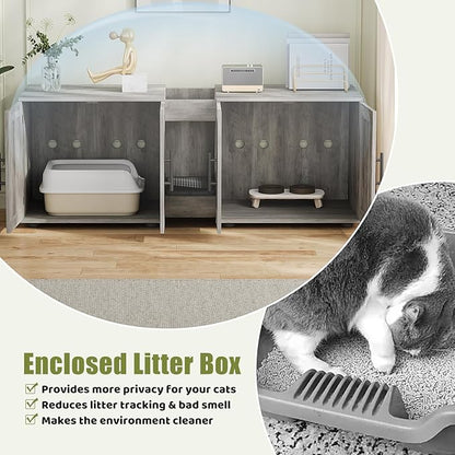 GAOMON Litter Box Enclosure with Double Cage, Cat House,Hidden Litter Box Enclosure Furniture for 2 Cats, Wooden Enclosed Cat Litter Box Furniture,55”L x 17.7”W x 22.5”H, Grey