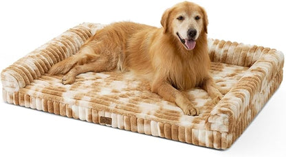 COZY KISS Extra Large Dog Bed, Faux Rabbit Fur Orthopedic Dog Bed with Sides, Removable Washable Cover & Waterproof Lining, Comfortable Pet Couch, Tie-Dye Brown (48" L x 35" W x 7.5" Th)