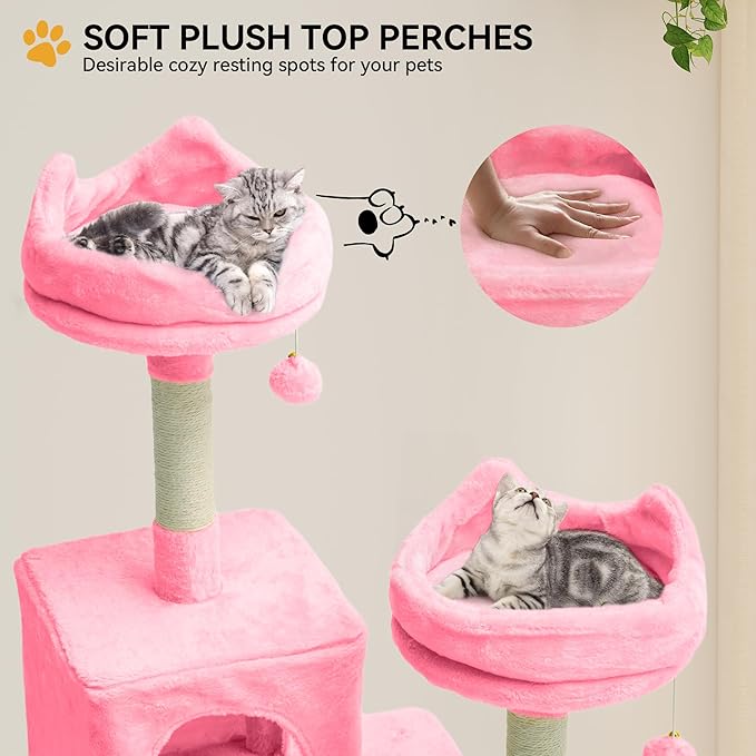YITAHOME Tall Cat Tree for Indoor Cats, 75 inch Multi-Level Cat Tower with Cat Condos, Top Perches, Sisal Ramp Scratching Posts, Cozy Basket, Hammocks, Large Cat Pet Activity Structure,Pink