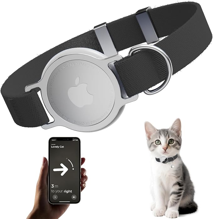 AirTag Cat Collar, Elastic Tracker Collar with Airtag Holder and Bell | Compatible with Apple Air Tag, Lightweight & Scratch Resistant, Adjustable Stepless GPS Pet Collar for Cats Kittens, Black