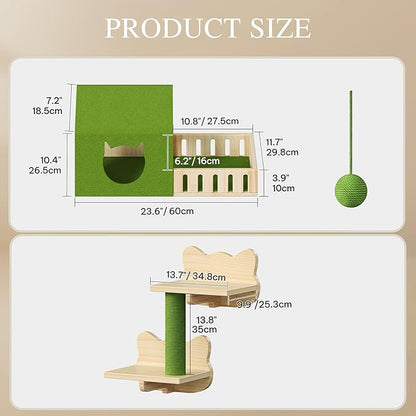 YITAHOME Cat Wall Shelves, Solid Wood Wall Mounted Cat Furniture with Green Wall House and Fence, Steps, Scratching Posts