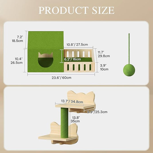 YITAHOME Cat Wall Shelves, Solid Wood Wall Mounted Cat Furniture with Green Wall House and Fence, Steps, Scratching Posts