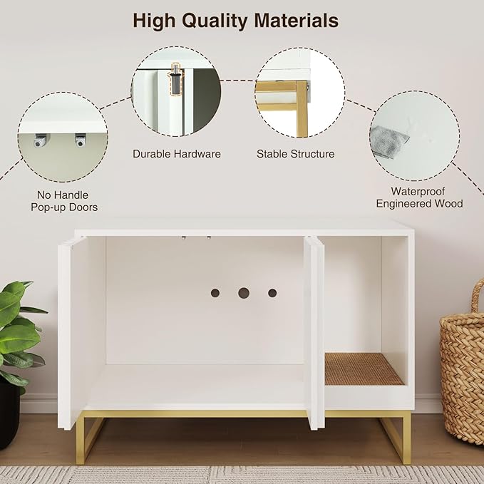 Halitaa Litter Box Enclosure, Modern Cat Litter Box Furniture Hidden Litter Box with Scratch Pad, Cat Washroom House End Table, Entryway Bench for Livingroom (White)