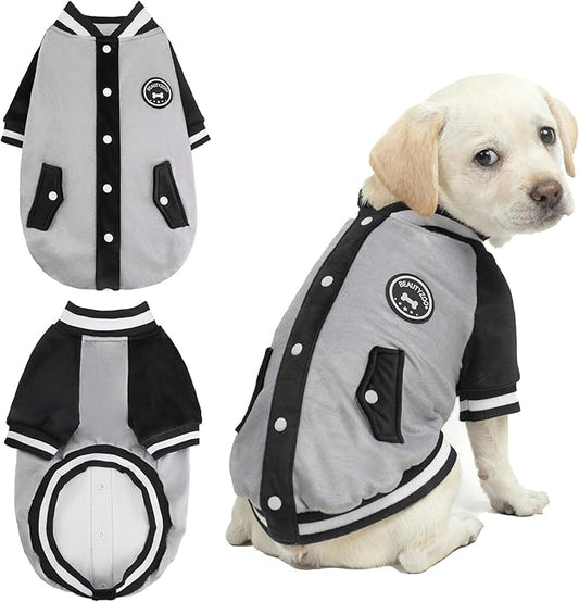 BEAUTYZOO Dog Sweaters for Small Medium Large Dogs, Dog Hoodie Warm Fleece Dogs Winter Clothes Cute Stylish Boy & Girl Dog Sweatshirts, Grey Sport Coats Baseball Uniform Jackets for Puppy, M