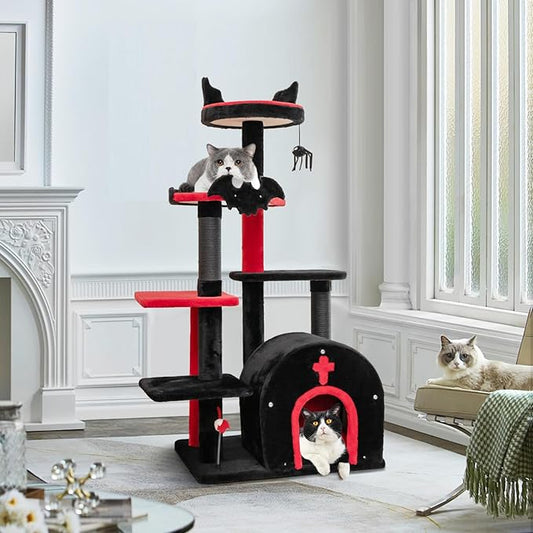 Tangkula Gothic Cat Tree, 53 Inch Black Cat Tower with Coffin Bed, Condo, Scratching Posts, Spider Pompom & Spring Balls, Halloween Pet Furniture, Spooky Goth Cat Tree for Indoor Cats