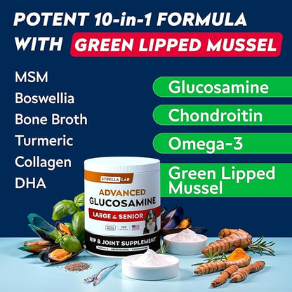 Senior Advanced Glucosamine Joint Supplement for Dogs - Green Lipped Mussel & Collagen - Large Breeds - Hip & Joint Health - Bacon Flavor - 120 Chews