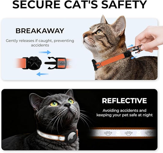 Breakaway AirTag Cat Collar, Reflective Cat Tracker Collar with Air Tag Holder and Bell, Safety Elastic Band Cat GPS Collars for Girl Boy Cats, Kittens and Puppies (Orange, 8-13'')