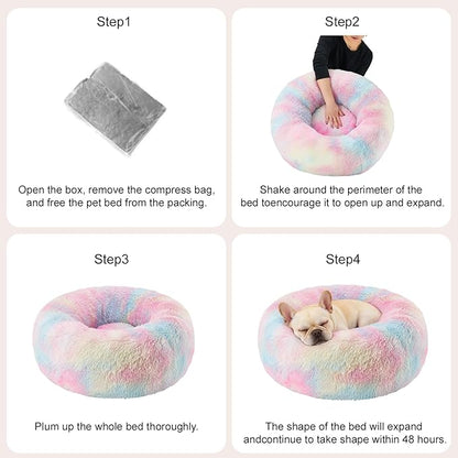 Dog Calming Beds for Small Medium Large Dogs - Round Donut Washable Puppy Dog Bed, Anti-Slip Faux Fur Fluffy Donut Cuddle Anxiety Cat Pet Bed(24'' Color)