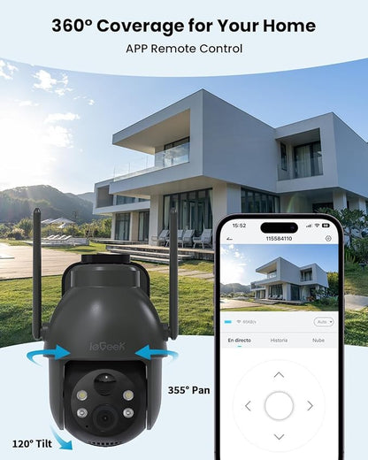 ieGeek Solar Camera Outdoor Wireless, 2K WiFi Cameras for Home Security System, Battery Powered Surveillance Cam with 360°PTZ Color Night Vision, PIR Motion Sensor, Compatible with Alexa (2 Pack)