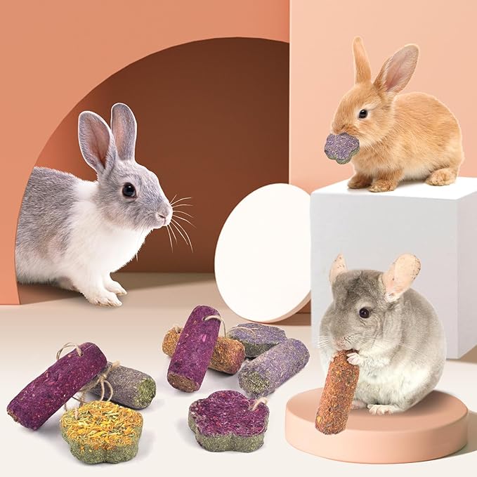 Jorewood 12PCS Rabbit Chew Sticks, Hanging Chew Sticks & Cakes Timothy Hay Rose Chrysanthemum Treat for Bunny Chinchilla Guinea Pig Hamster and Other Small Pets Molar Snack Toy