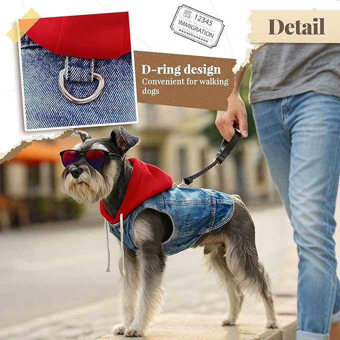 Cool Dog Jean Jacket Vest with D-Ring Blue Denim Dogs Hoodies Outfits for Small Medium Dogs Cats Boy Male Dog Clothes Costume Dogggie Puppy Harness Coat for Frenchie Walking(Red Hat,XL)