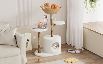 46-Inch Luxury Wooden Cat Tree Tower for Large Cats – Modern Real Branch Cat Condo with Spacious Basket, Sturdy Scratching Posts & Hanging Poms – Deluxe Indoor Cat Furniture